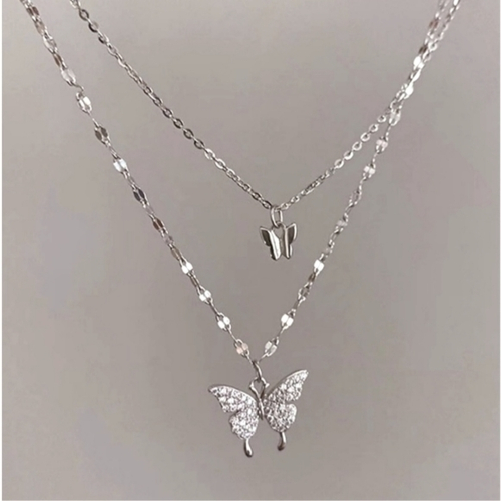 Elegant Rhinestone Butterfly Multi-Layer Sterling Silver‎ Necklace